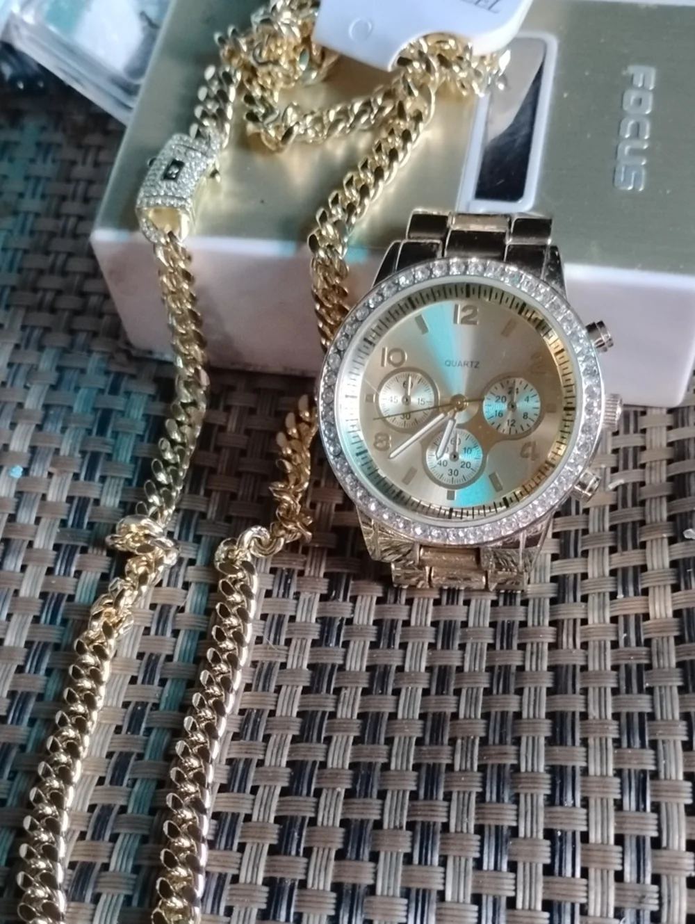 Gold Tone Crystal-Accent Quartz Watch and Chain